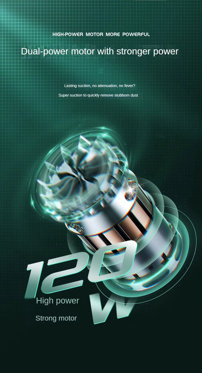 120W dual-power motor graphic showing strong suction with energy glow effect