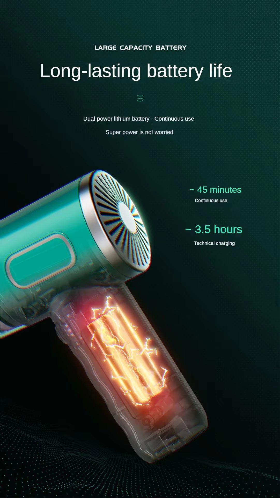 Teal cordless vacuum battery life infographic: 45-minute runtime, 3.5-hour charge time, dual lithium battery cutaway