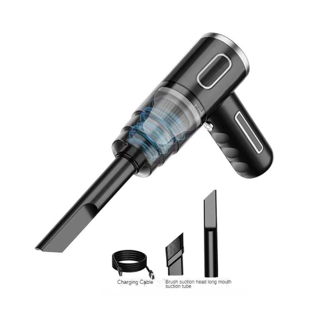 Black cordless car vacuum with flat suction nozzle, charging cable, and brush head attachments on white background
