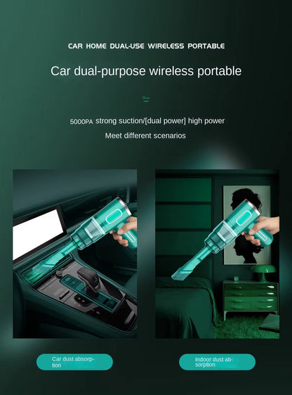 Split scene: teal cordless vacuum cleaning car console (left) and vacuuming bedroom sofa (right)