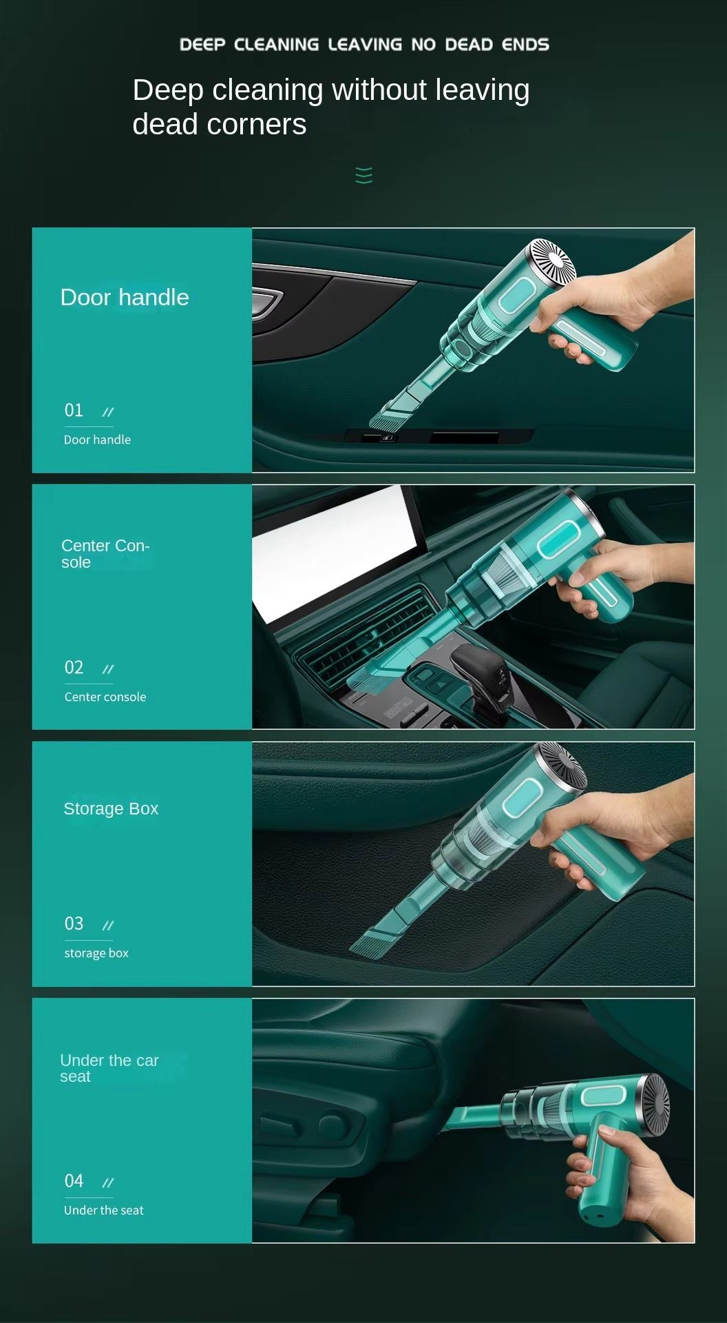 Four-panel in-car cleaning: door handle, center console, storage box, and under seat — teal cordless vacuum