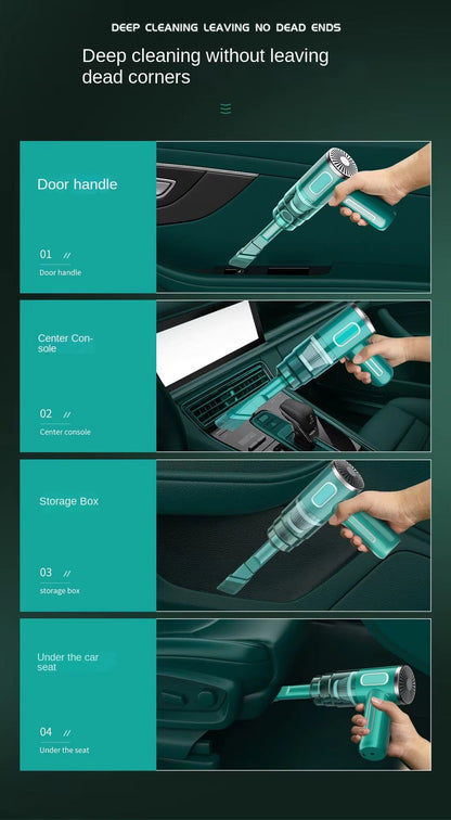 Four-panel in-car cleaning: door handle, center console, storage box, and under seat — teal cordless vacuum