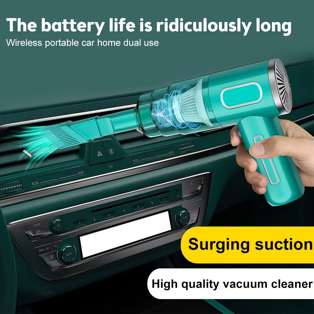 Hand holding teal cordless vacuum cleaning car AC vent with strong suction animation