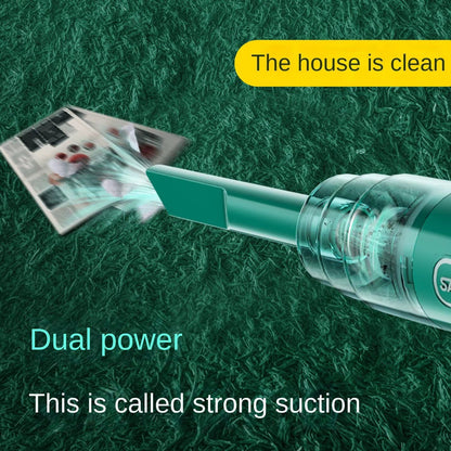 Teal cordless vacuum with flat nozzle cleaning carpet — dual power suction highlighted