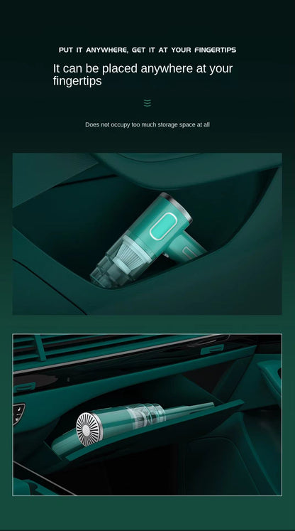 Teal cordless vacuum stored in car door pocket (top) and in glove compartment (bottom) showing compact size