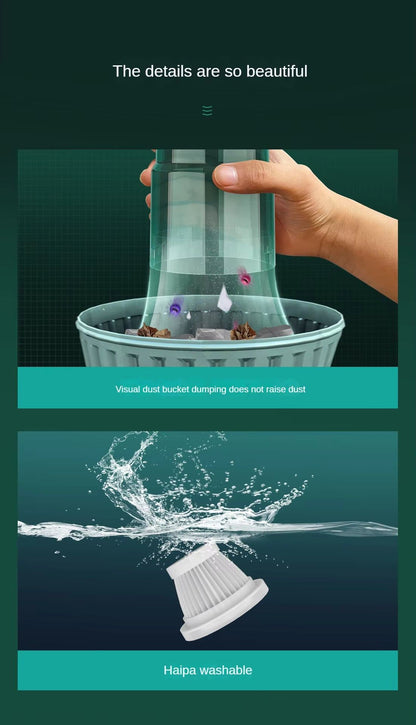 Hand removing clear dust cup from teal cordless vacuum (top); HEPA filter splashing in water showing washable design (bottom)