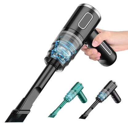 Cordless car vacuum held in hand with flat brush attachment, shown in black, teal, and grey color variants