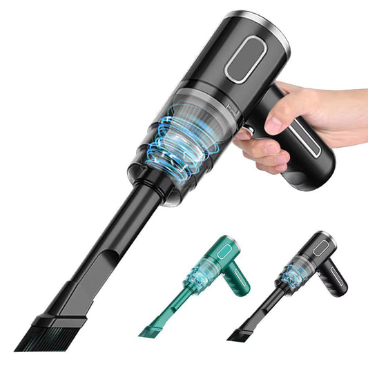 Cordless car vacuum held in hand with flat brush attachment, shown in black, teal, and grey color variants