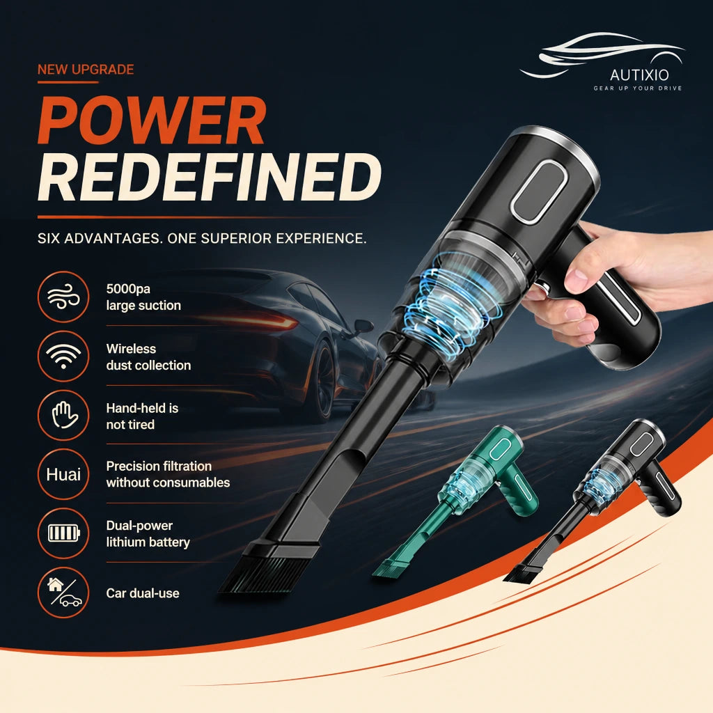 Cordless car vacuum held in hand with flat brush attachment, shown in black, teal, and green color variants