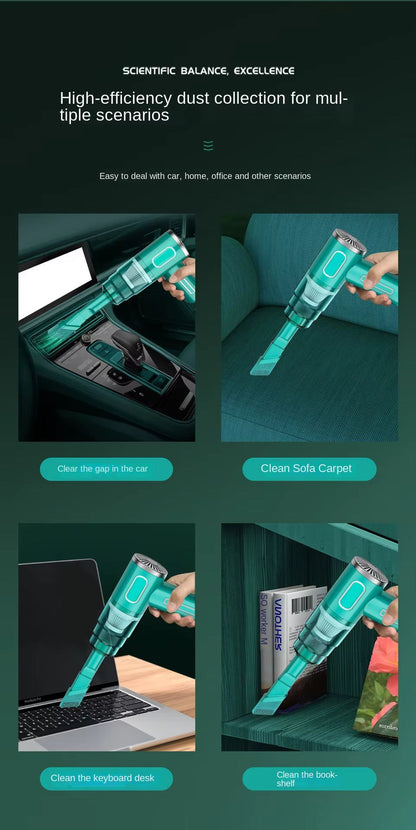 Four-scene usage: car gap, sofa carpet, keyboard, and bookshelf — teal cordless handheld vacuum