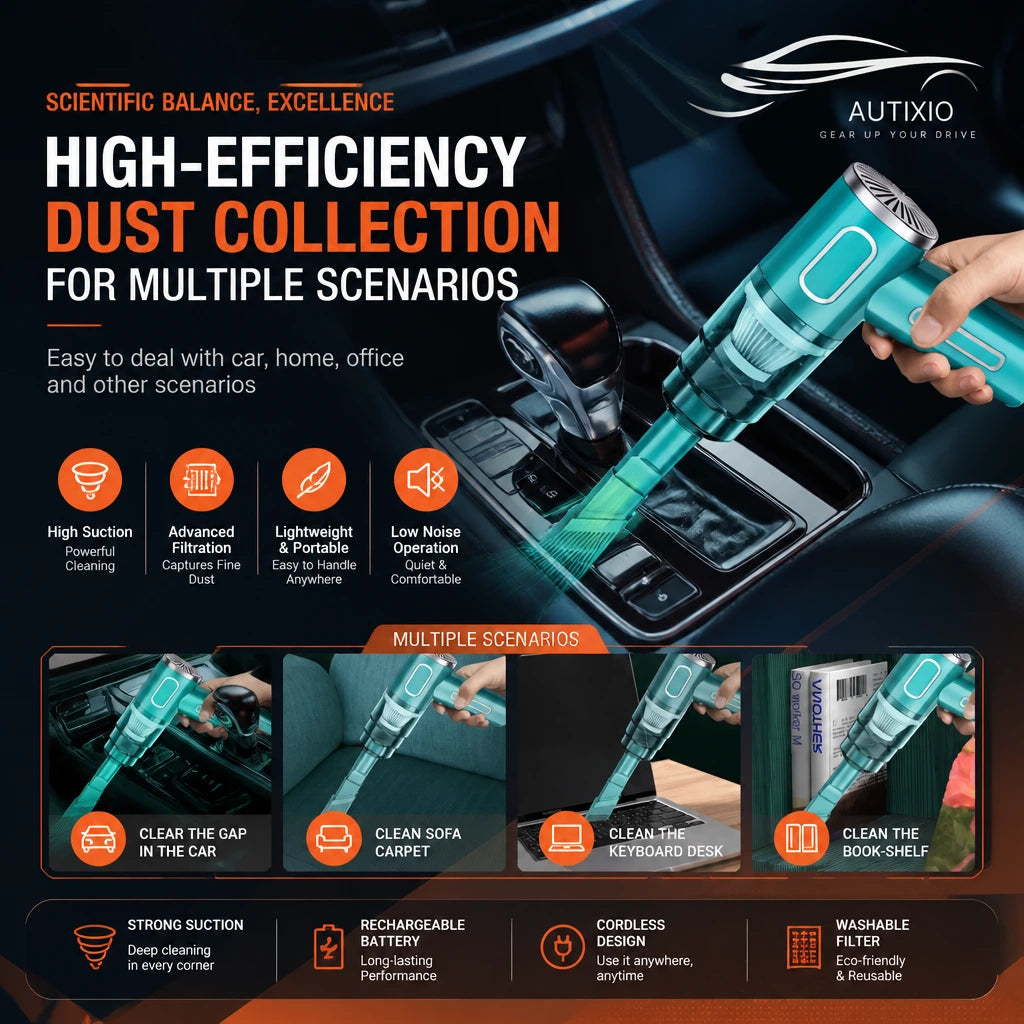 Cordless vacuum cleaning multi-surface areas in car interior including seats and crevices