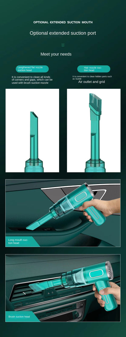 Two attachment nozzles: flat extension and hair brush — shown with in-use car interior cleaning photos