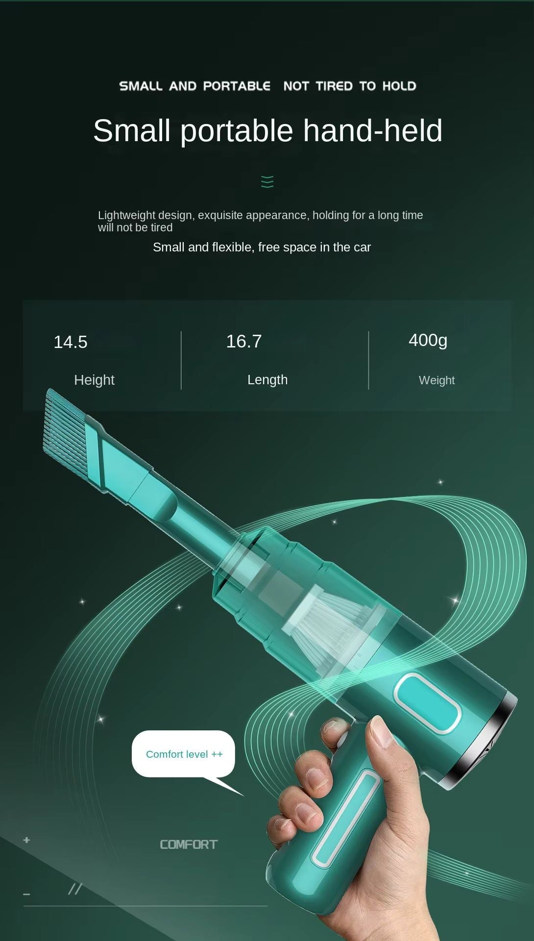 Hand holding teal cordless vacuum with brush nozzle — dimensions 14.5cm height, 16.7cm length, 400g weight