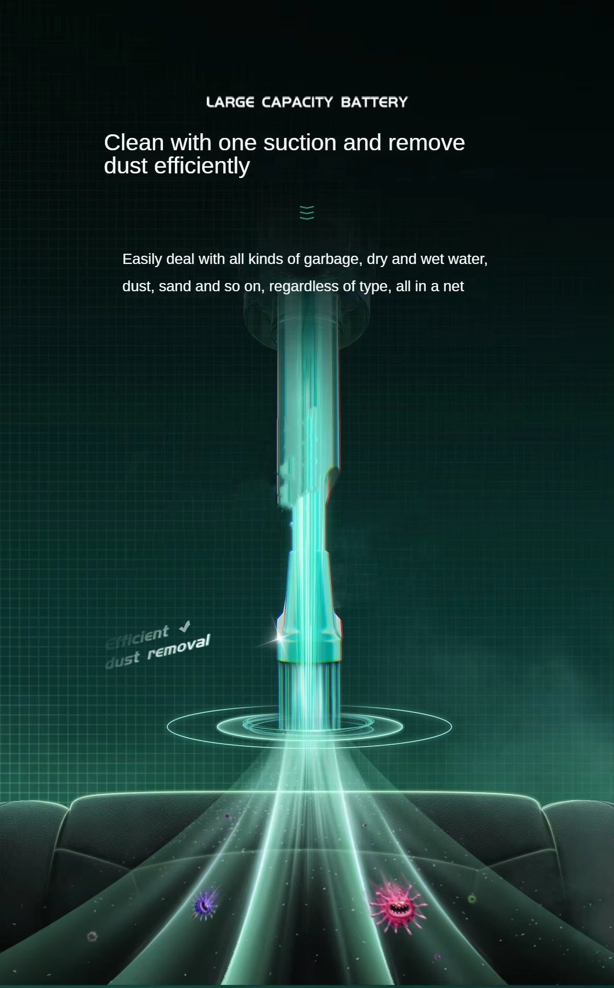 Glowing crevice nozzle graphic illustrating efficient dust removal and multi-surface suction power