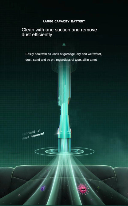 Glowing crevice nozzle graphic illustrating efficient dust removal and multi-surface suction power