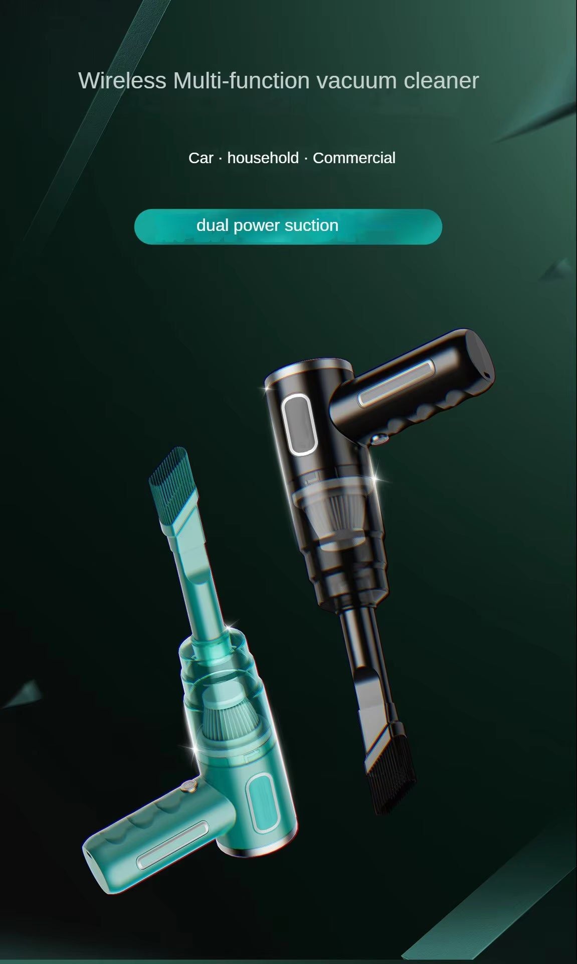 Two cordless handheld vacuums in teal and black standing upright — wireless multi-function car vacuum cleaner