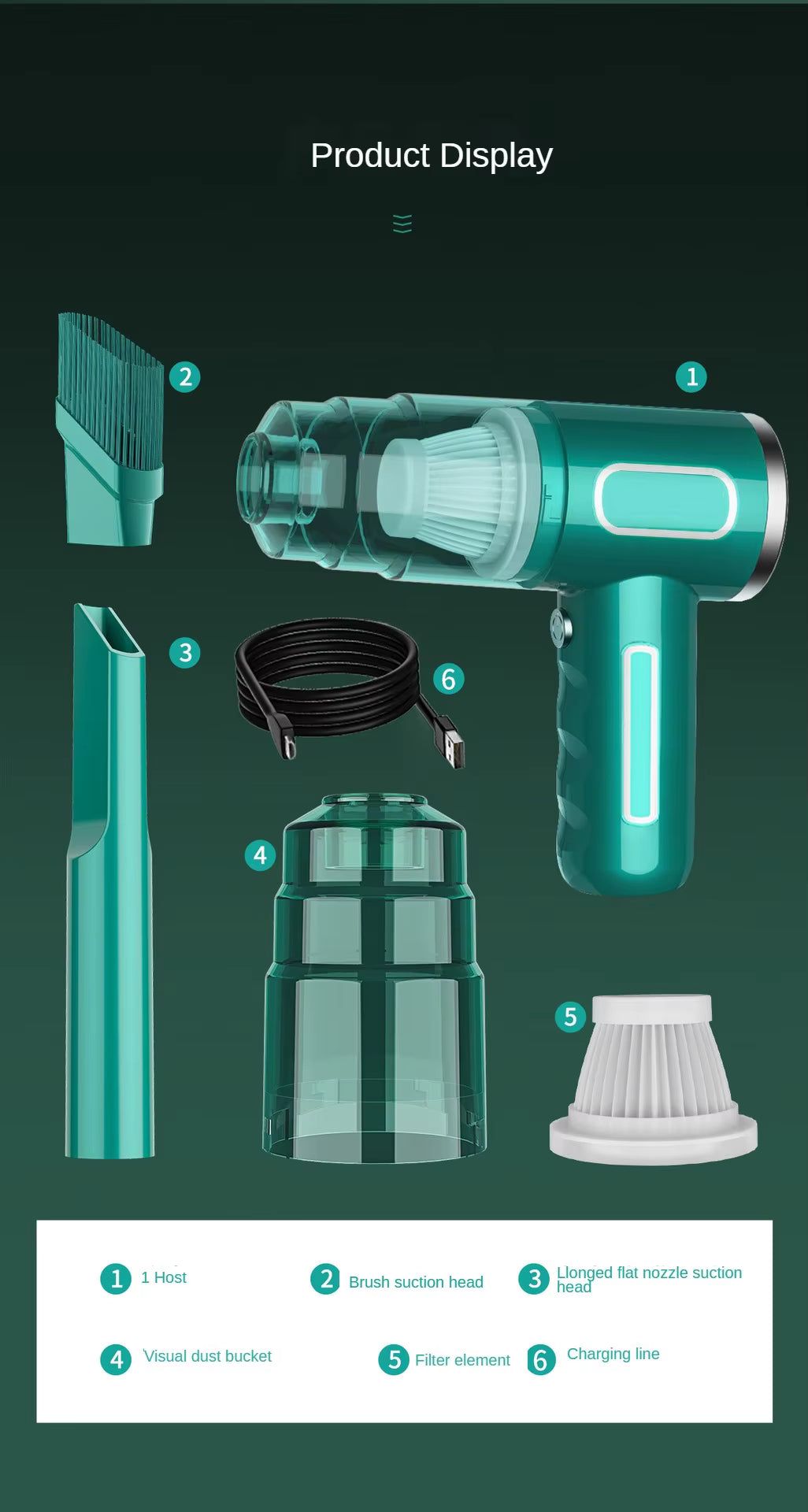 Teal cordless vacuum product display: vacuum unit, brush head, flat nozzle, dust cup, HEPA filter, and USB charging cable
