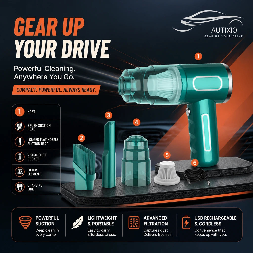 Cordless handheld vacuum with USB charging cable and multiple brush attachments for car cleaning