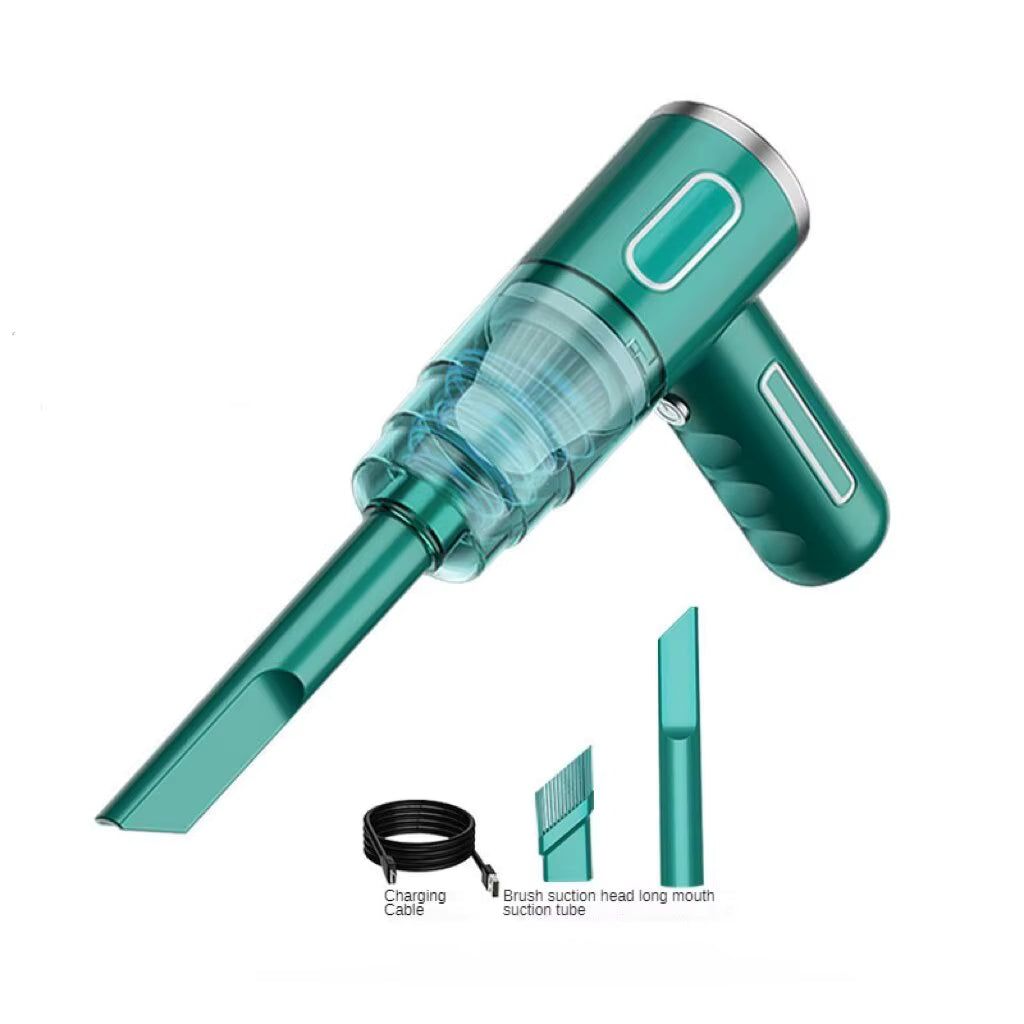 Teal cordless car vacuum with flat suction nozzle, charging cable, and brush head on white background