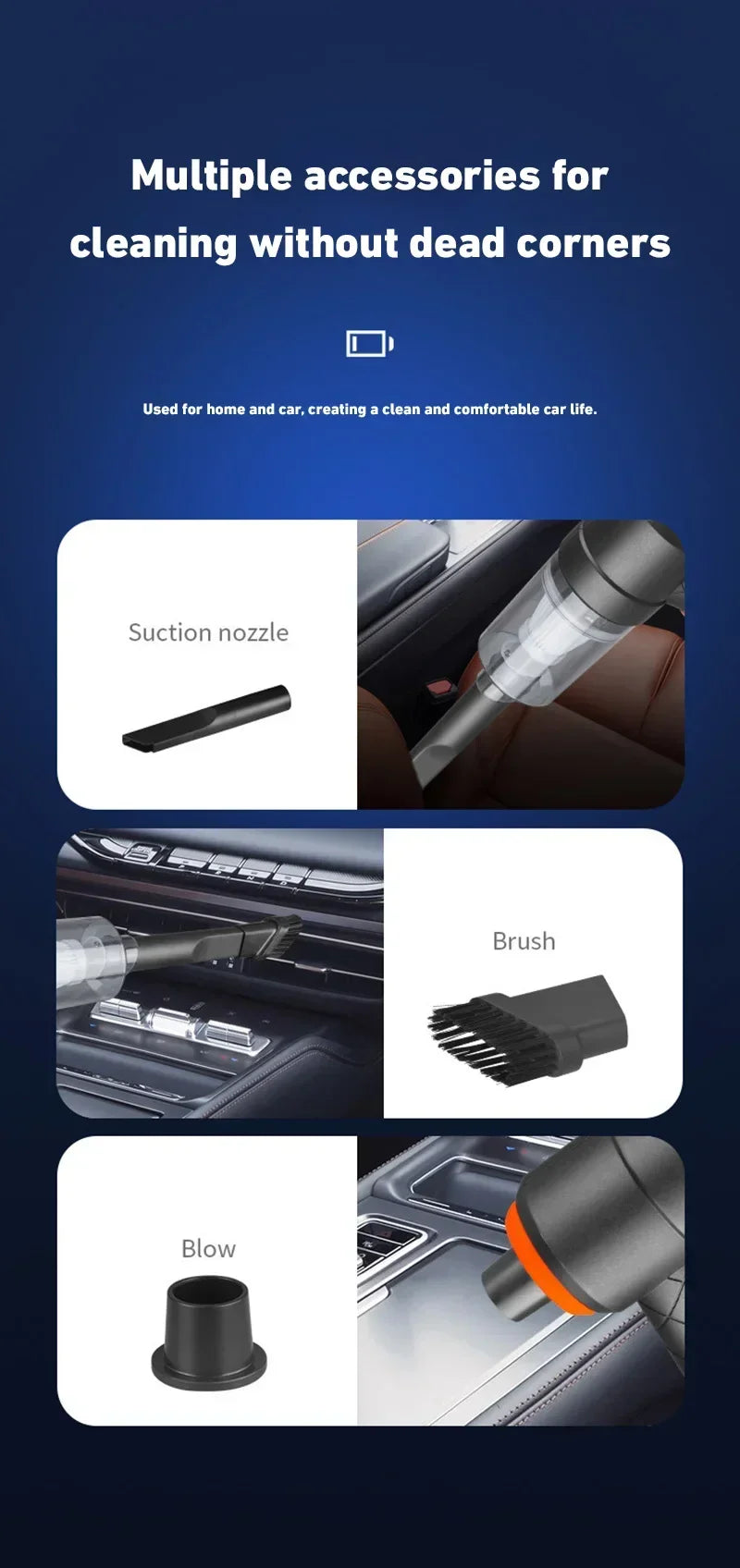 Included accessories - suction nozzle, brush, and blow attachment