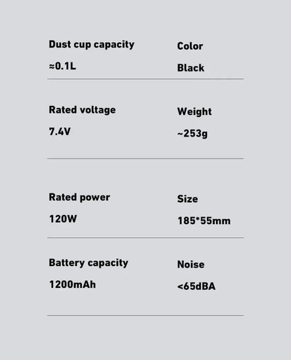 Technical specifications including power, battery, and noise level