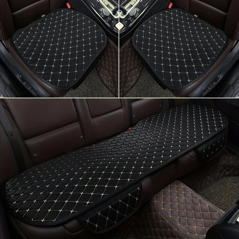 Black with beige stitching cotton linen 3-piece car seat cover installed, front seats and rear bench view