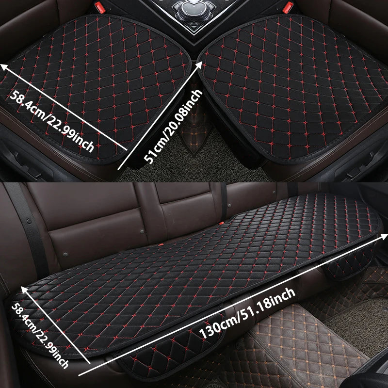 Black with red stitching seat cover installed with dimensions front 58x51cm and rear 58x130cm annotated