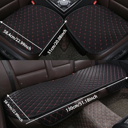 Black with red stitching seat cover installed with dimensions front 58x51cm and rear 58x130cm annotated