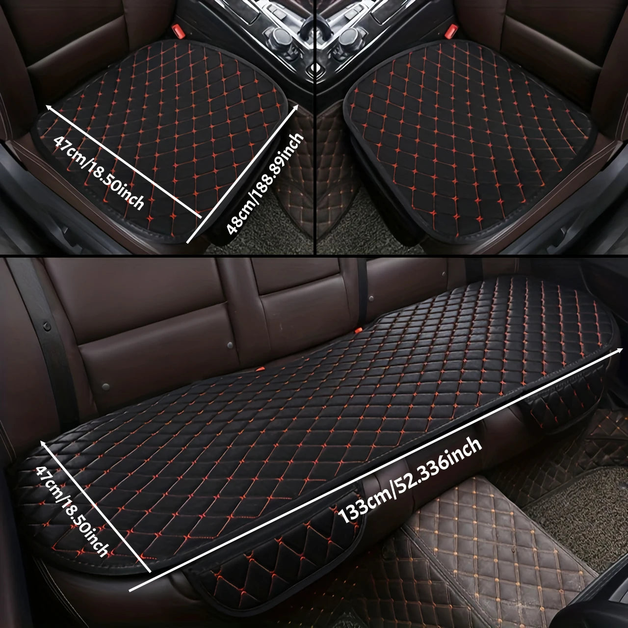 Black with red stitching car seat cover set installed in car with dimensions front 47x48cm and rear 47x133cm