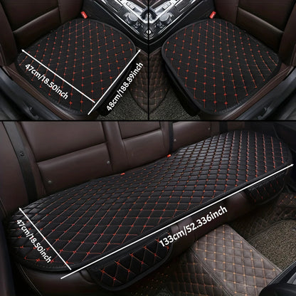 Black with red stitching car seat cover set installed in car with dimensions front 47x48cm and rear 47x133cm