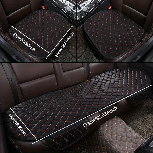 Black with red stitching car seat cover set installed in car with dimensions front 47x48cm and rear 47x133cm