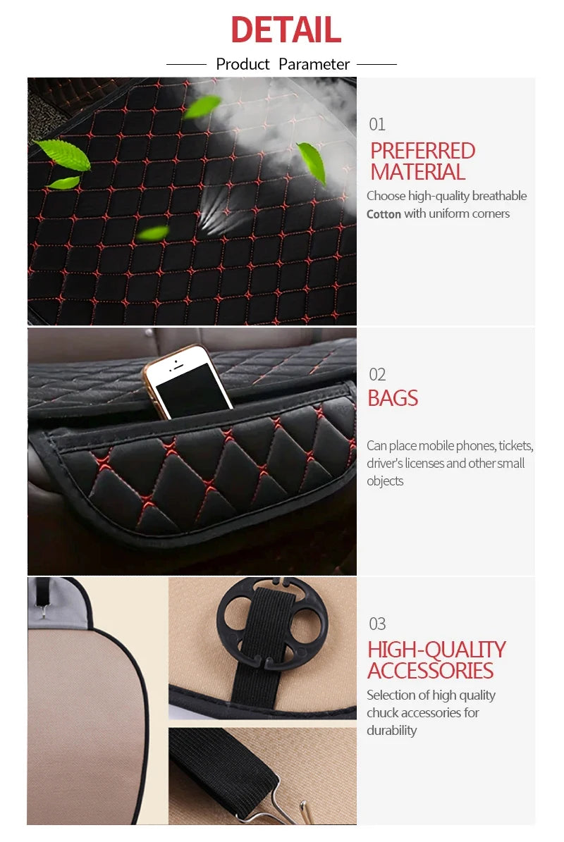 Cotton linen seat cover product detail infographic showing breathable material, side pocket, and elastic strap accessories