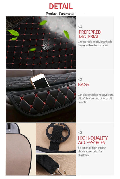 Cotton linen seat cover product detail infographic showing breathable material, side pocket, and elastic strap accessories