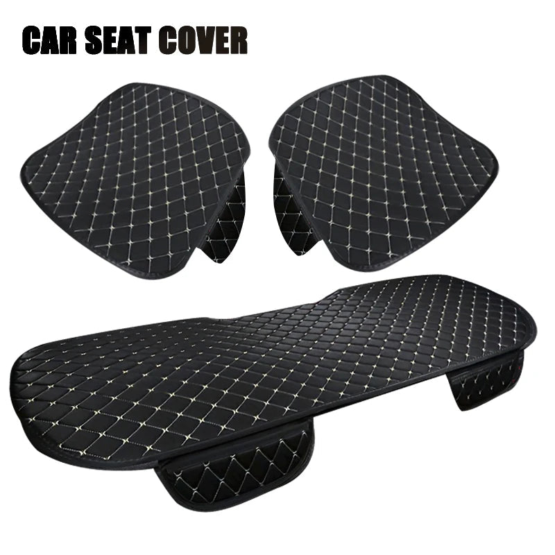 Cotton linen car seat cover 3-piece set in black with white stitching, two front pads and rear bench cover flat lay
