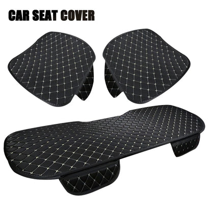 Cotton linen car seat cover 3-piece set in black with white stitching, two front pads and rear bench cover flat lay