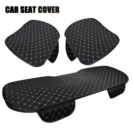 Cotton linen car seat cover 3-piece set in black with white stitching, two front pads and rear bench cover flat lay