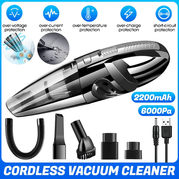 Cordless vacuum cleaner 6000PA 2200mAh with 5 safety protections and 4 attachments plus USB charging cable