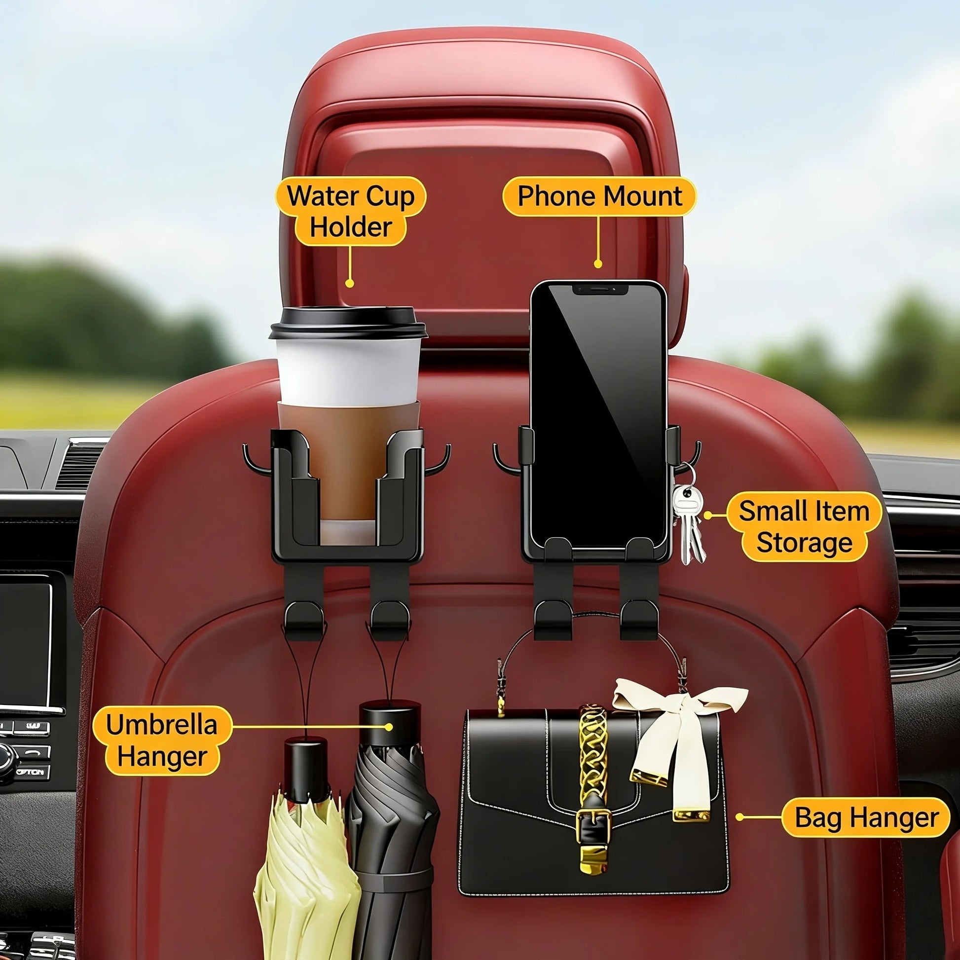 Dual cup holder sections on back seat rack for beverages and bottles