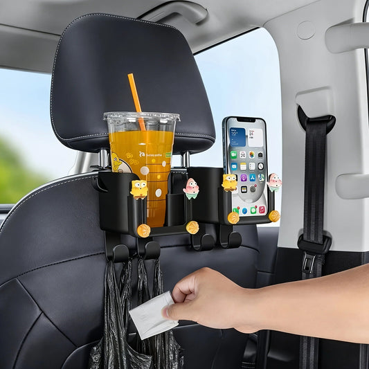 Front view of car back seat cup holder rack showing phone holder compartment