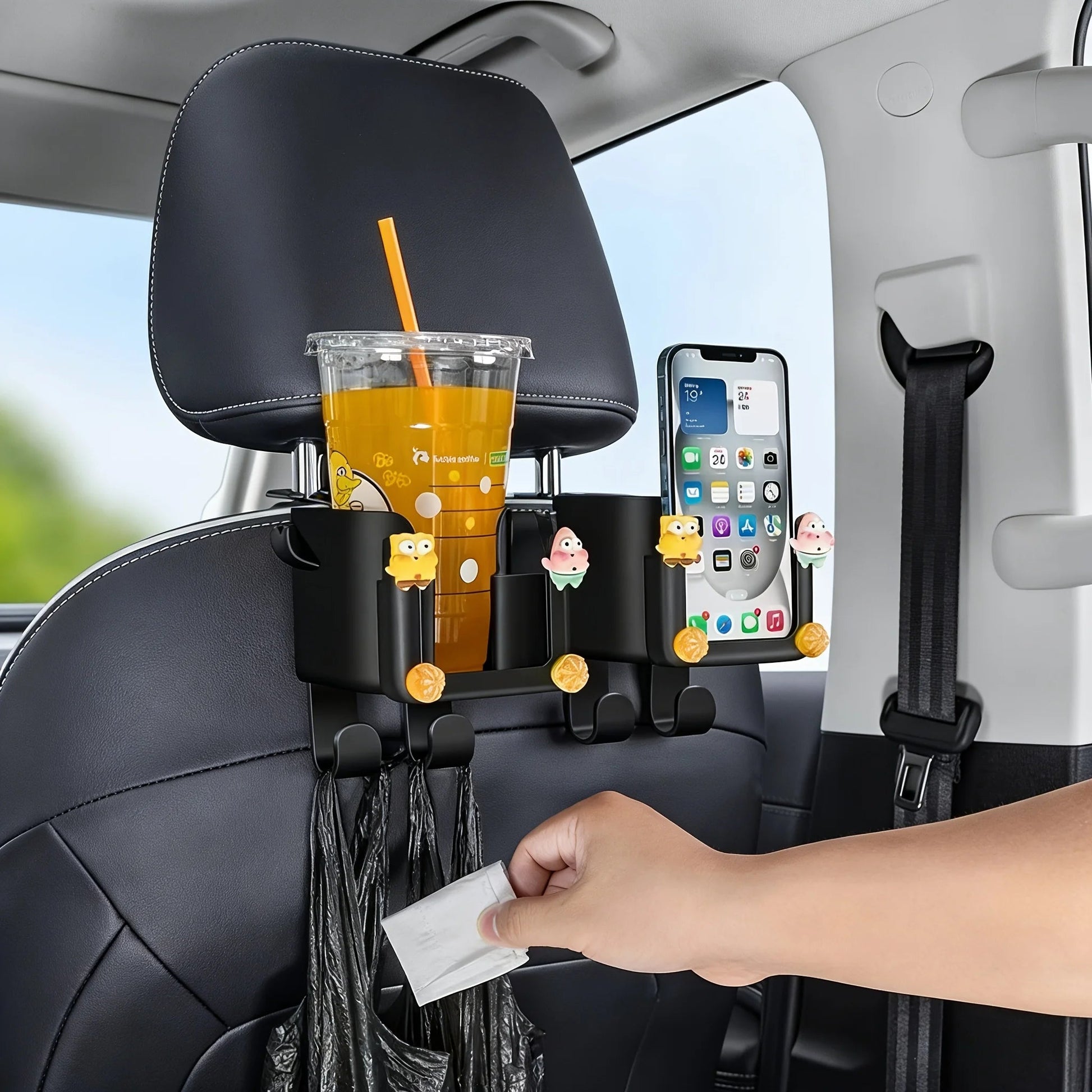 Dedicated phone holder compartment on back seat cup holder rack