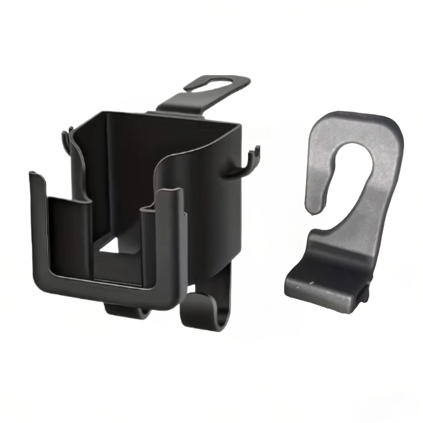 Side profile of back seat rack showing cup holder and hook design