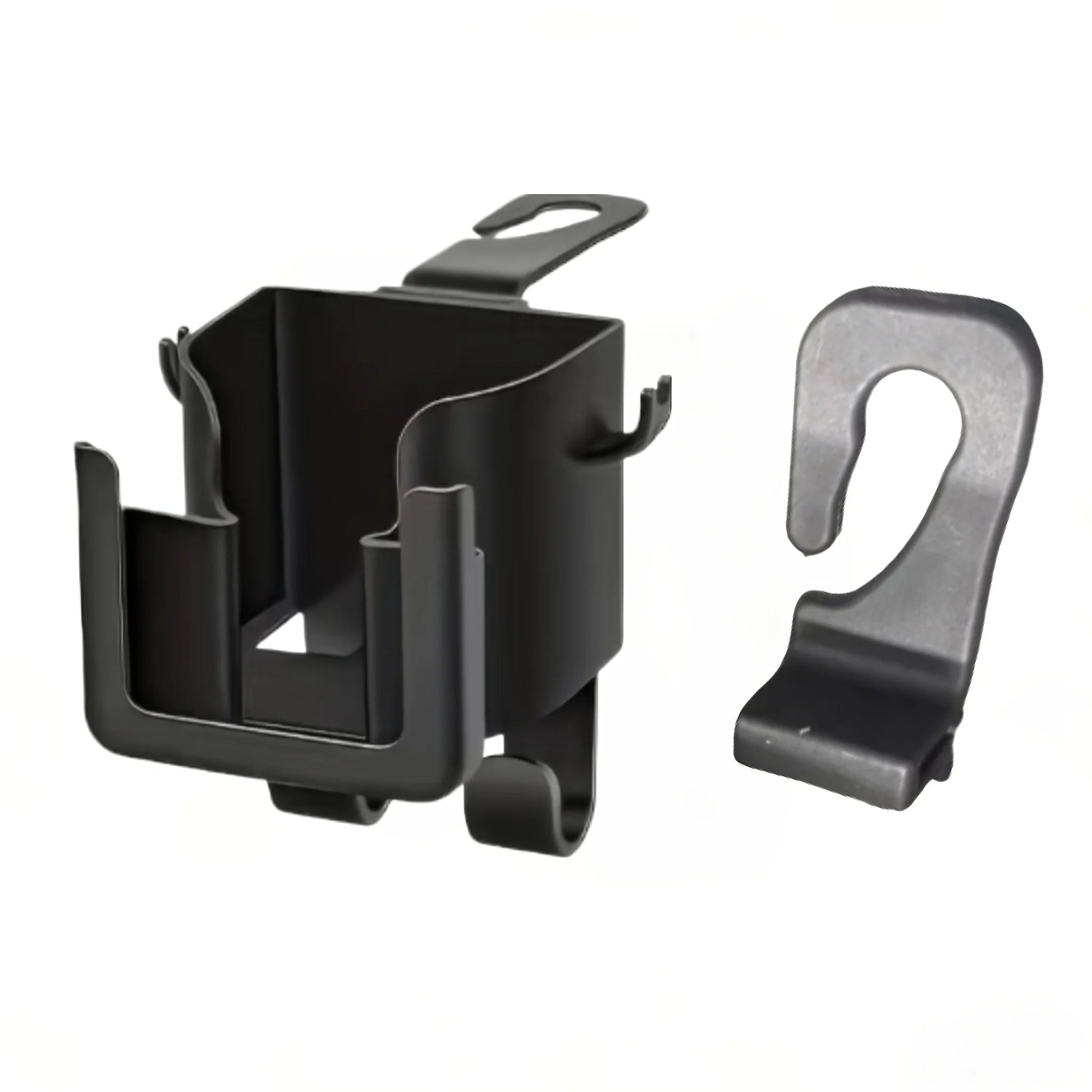 Side profile of back seat rack showing cup holder and hook design