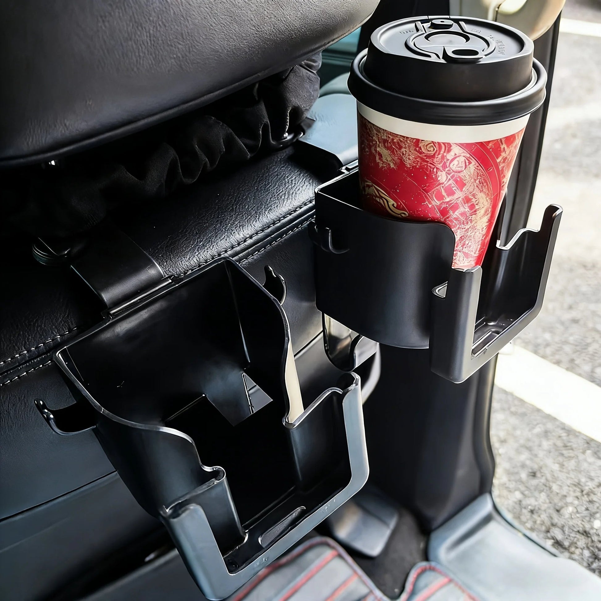 Maximum storage capacity demonstrated on back seat cup holder rack