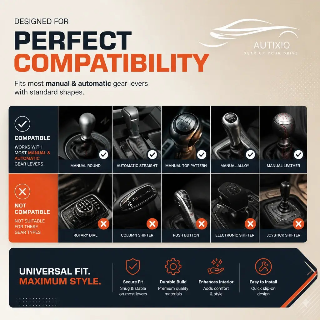 Cute plush gear shift cover compatibility chart showing compatible gear types: manual round automatic straight manual alloy and leather; not compatible with rotary dial push button electronic shifter and joystick types