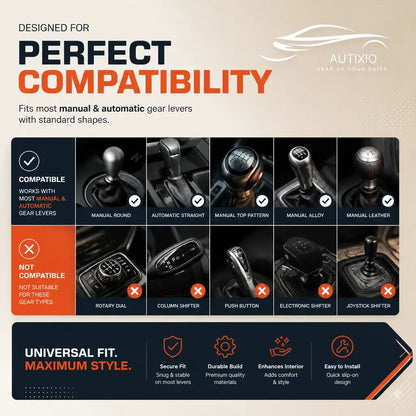 Cute plush gear shift cover compatibility chart showing compatible gear types: manual round automatic straight manual alloy and leather; not compatible with rotary dial push button electronic shifter and joystick types