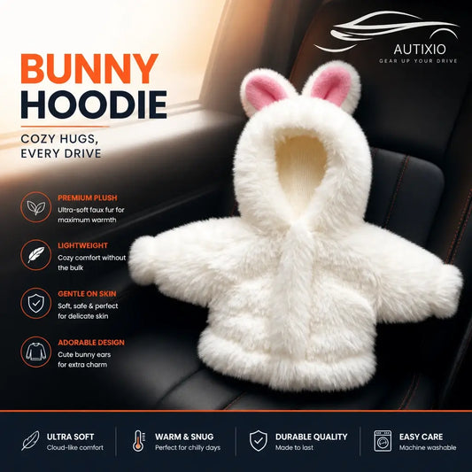 Cute white plush bunny hoodie gear shift cover on car back seat showing premium plush faux fur lightweight gentle on skin adorable bunny ears design and machine washable features