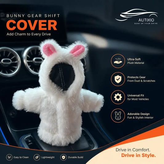 Cute white rabbit cartoon plush gear shift cover on car center console showing ultra-soft plush material gear knob protection universal fit and adorable rabbit ears design features