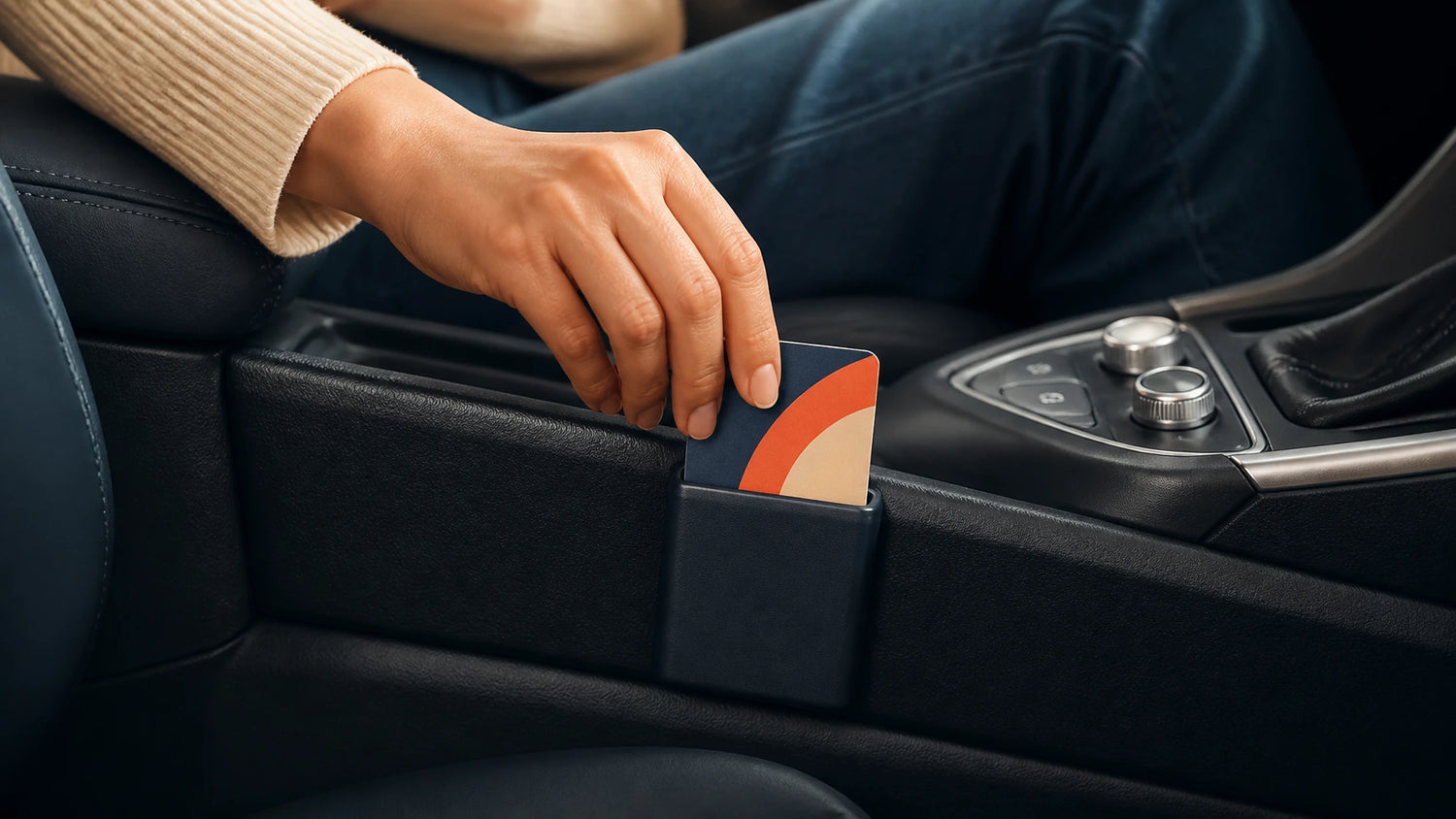 Hand placing a card into a car cup holder with a focus on the action.