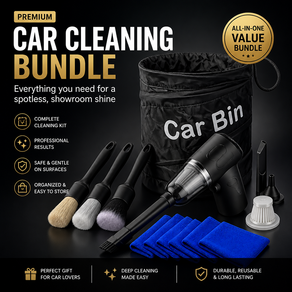 Dust-Free Car Interior Kit – Vacuum, Towels, Brush & Bin