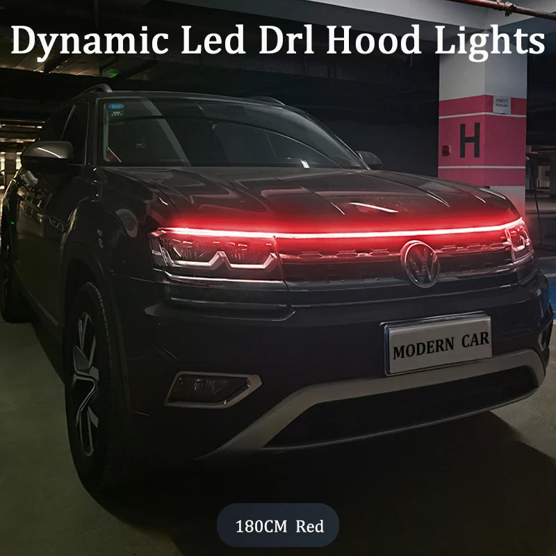 180CM red dynamic LED DRL hood light strip glowing along front grille edge of dark red VW Tiguan at night
